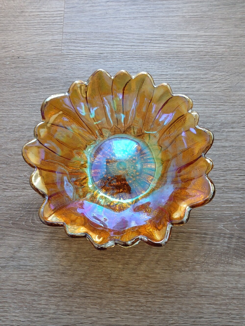 Iridescent Amber Carnival Glass Sunflower Bowl - Indiana Glass